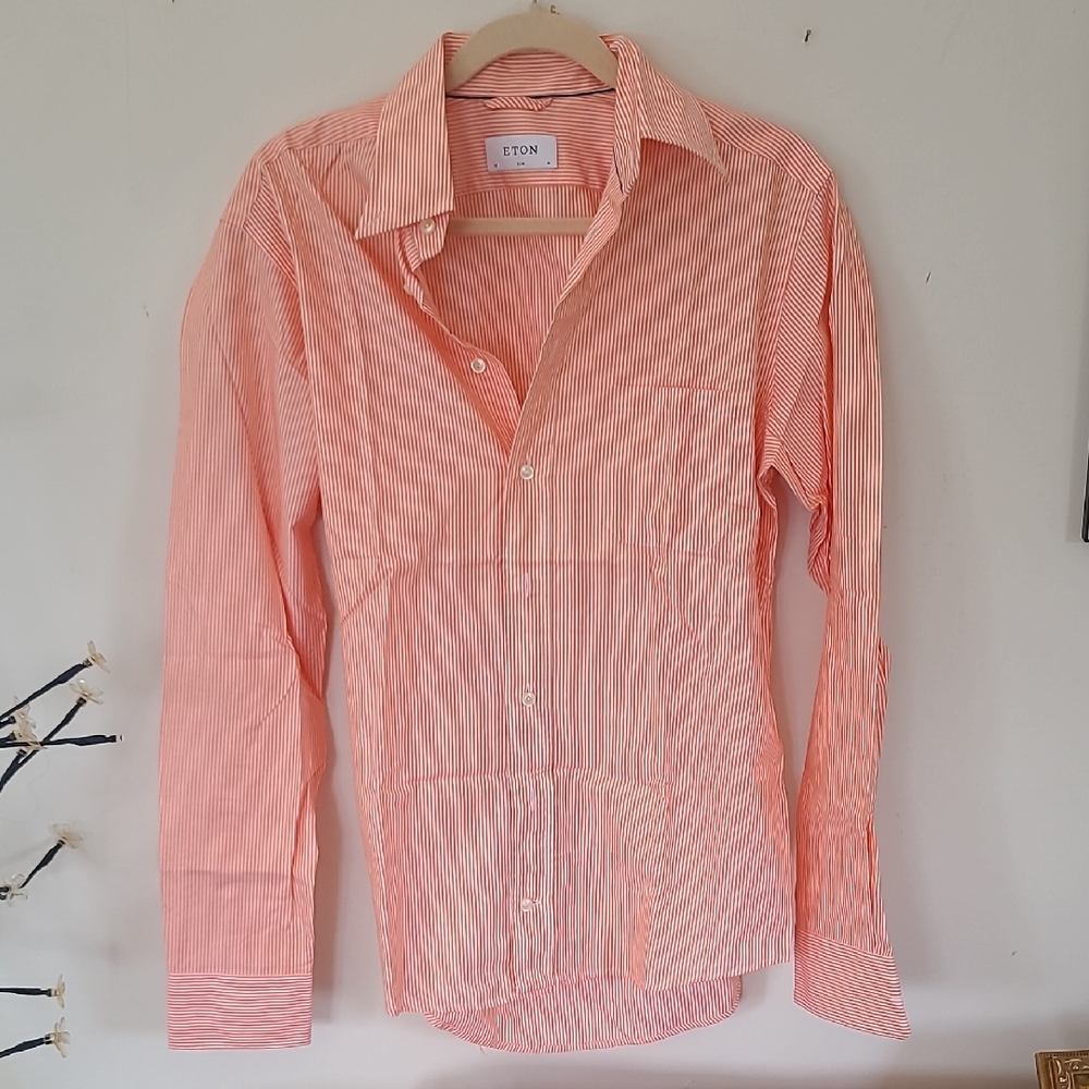 Eton Men's Orange & White Striped Dress Shirt. M